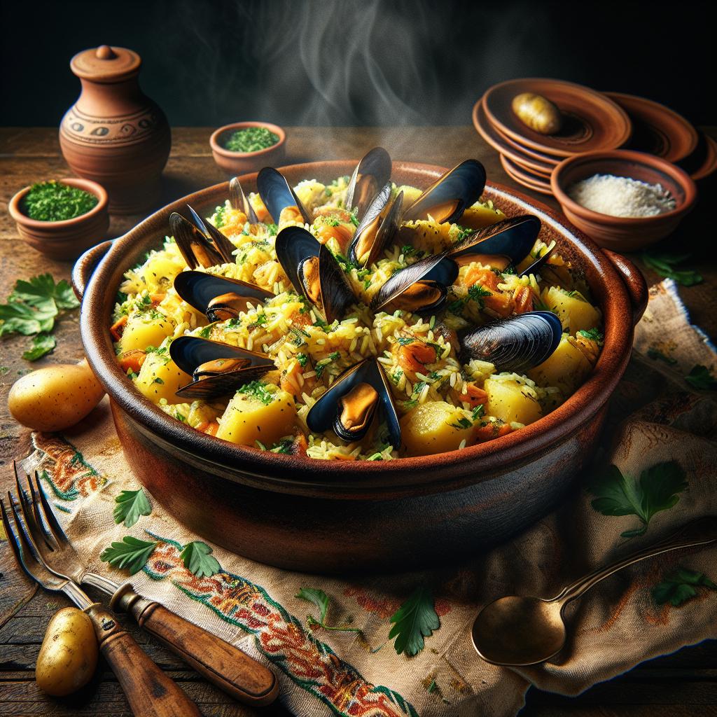 Tiella pugliese de arroz, patatas y mejillones
