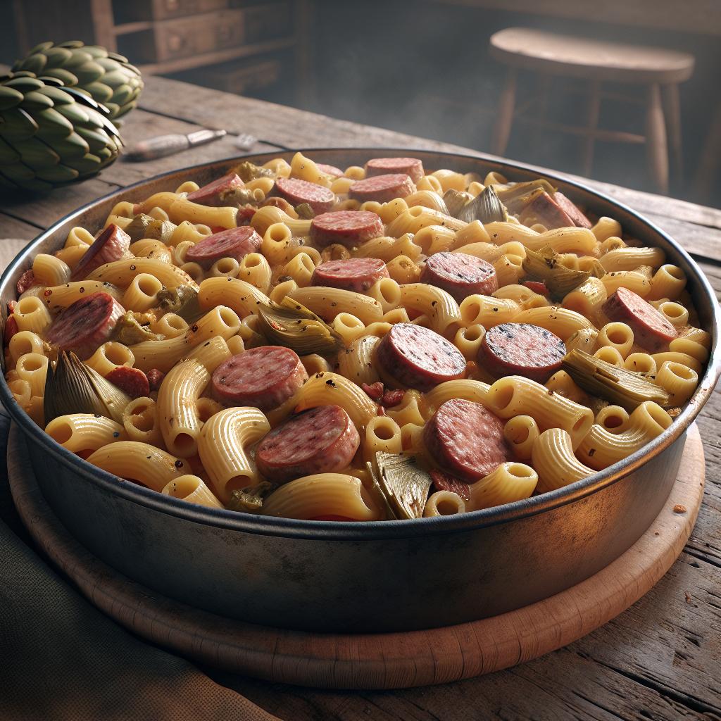 Timbal de macarrones con salchicha y alcachofas