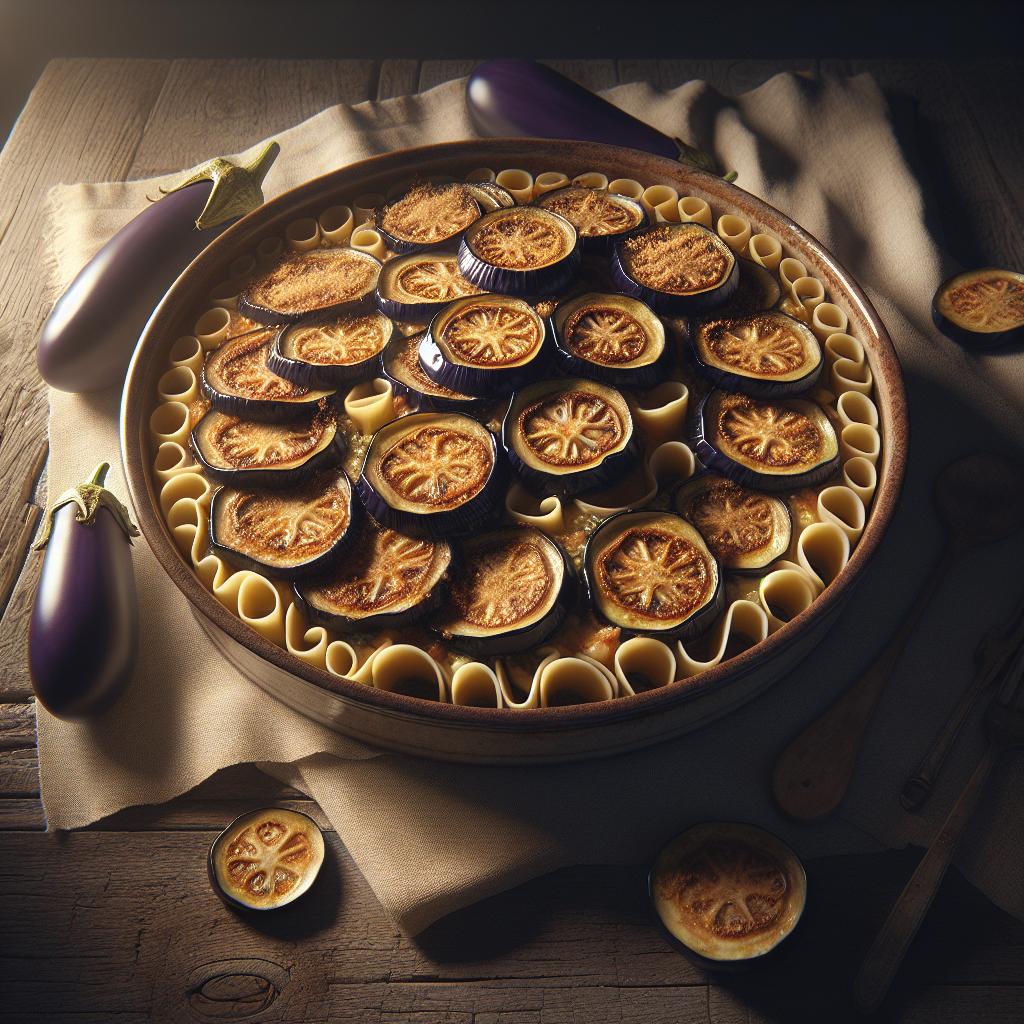 Timballo de pasta forrado con berenjenas