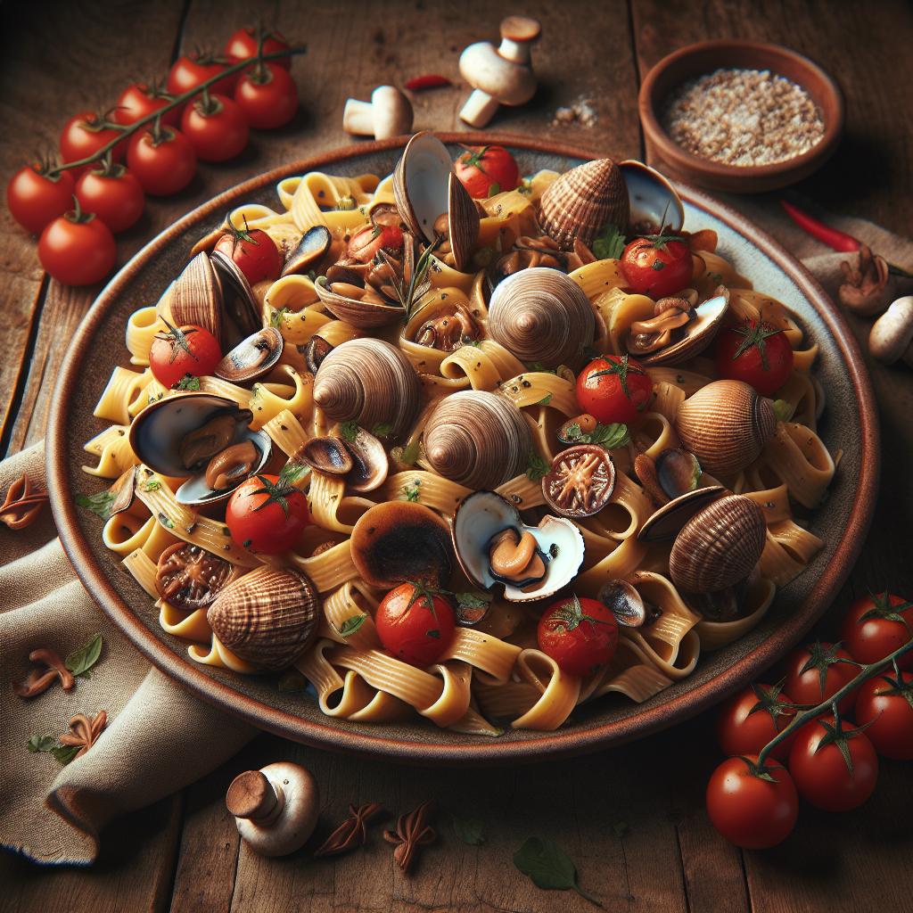 Tonnarelli con almejas, porcini y tomates cherry