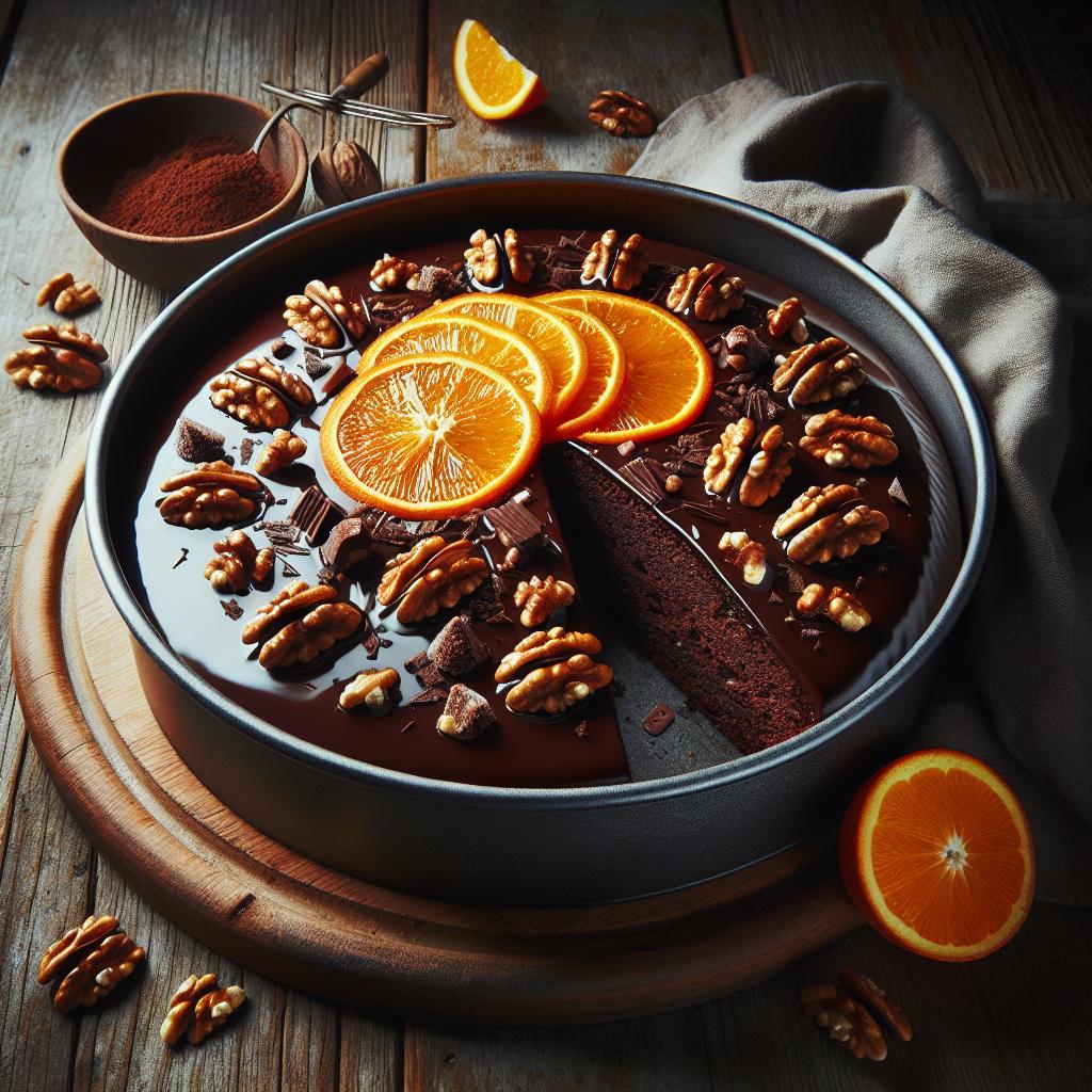 Torta de chocolate, nueces y naranja