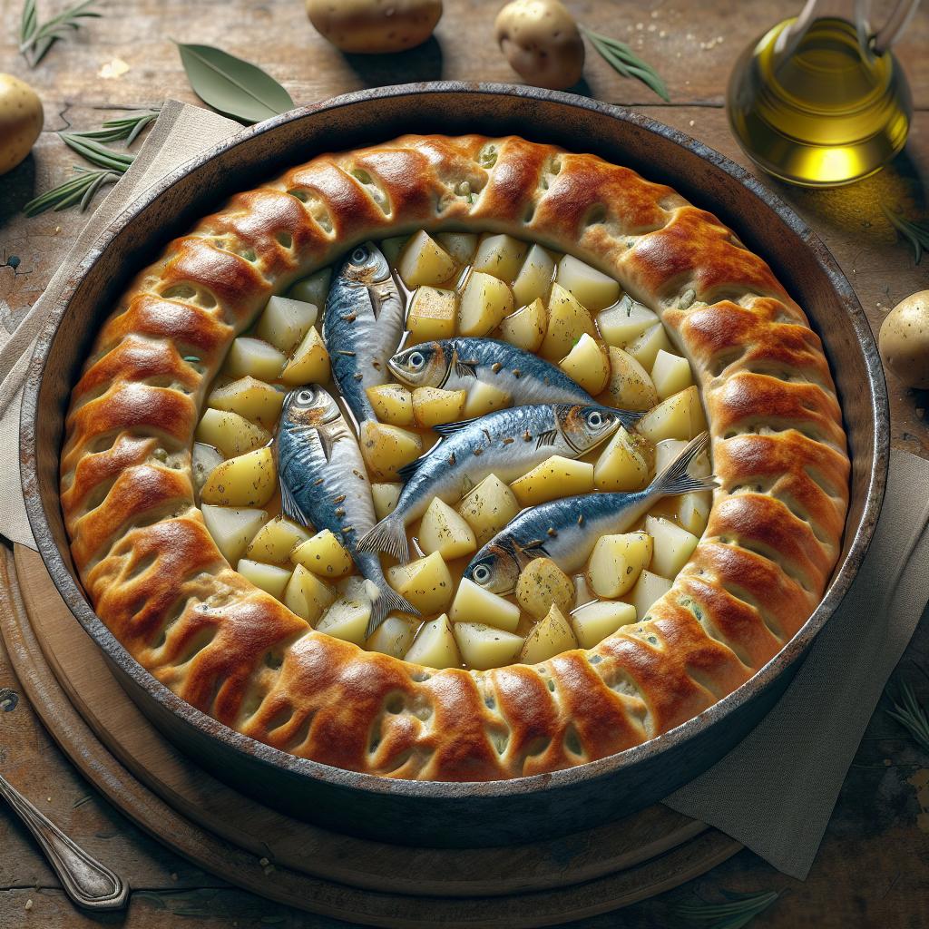 Tarta de pan, patatas y pescado azul