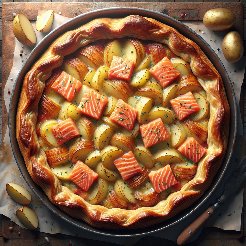 Tarta de hojaldre con patatas y salmón