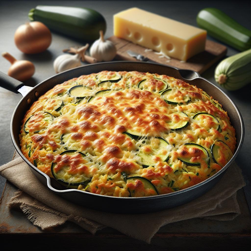 Torta de arroz en sartén con calabacines y queso