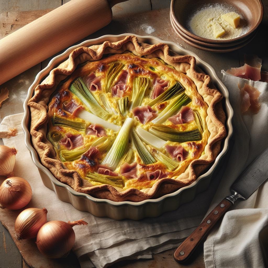 Tarta salada de puerros con provola y jamón cocido