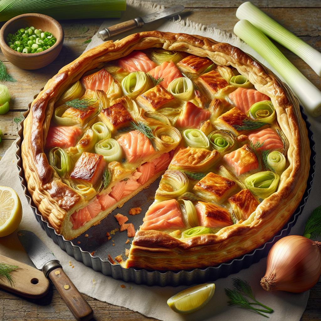 Tarta salada de salmón y puerros