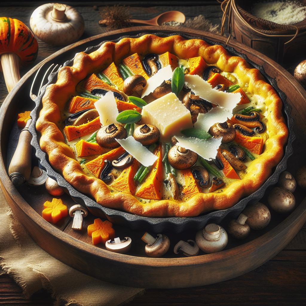 Tarta salada de calabaza, setas y parmesano