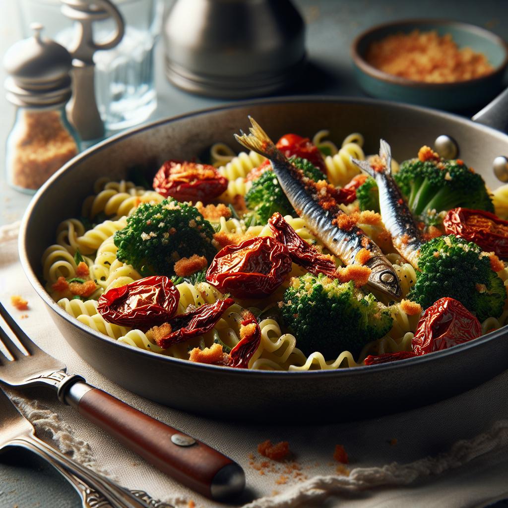 Troccoli con tomates secos, anchoas y miga de pan crujiente
