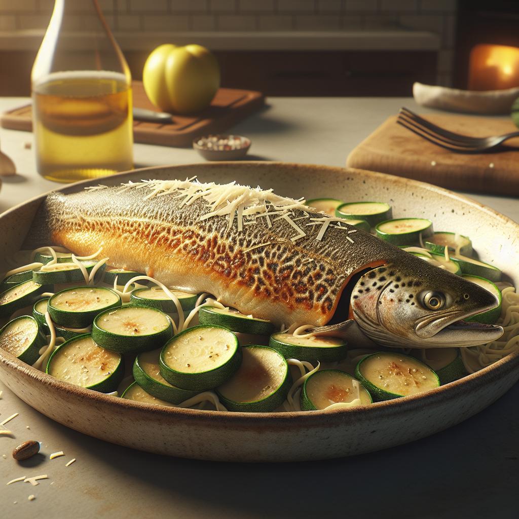 Trucha en costra de parmesano y calabacines marinados