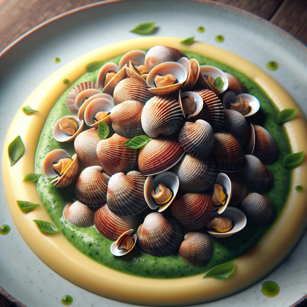 Almejas veraces sobre crema de calabacines