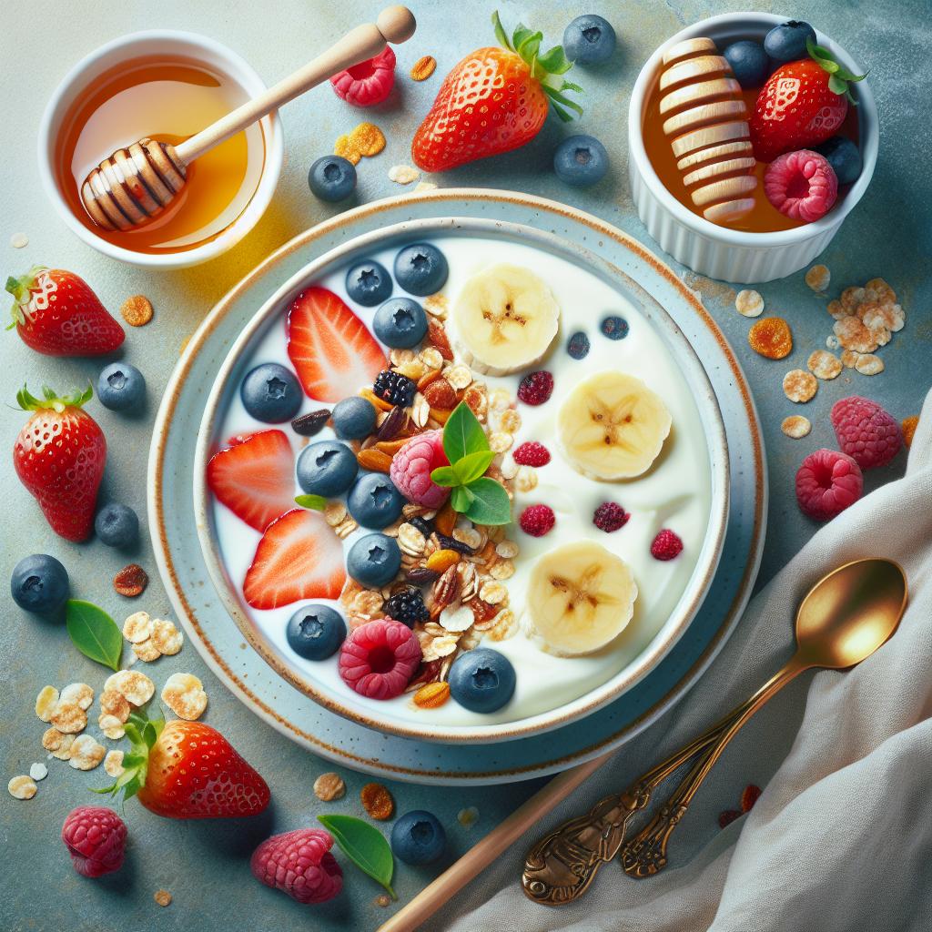 Yogur natural con miel, muesli y fruta fresca