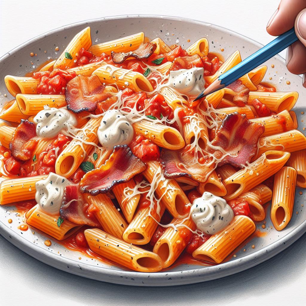 Ziti con tomates, panceta y stracciatella
