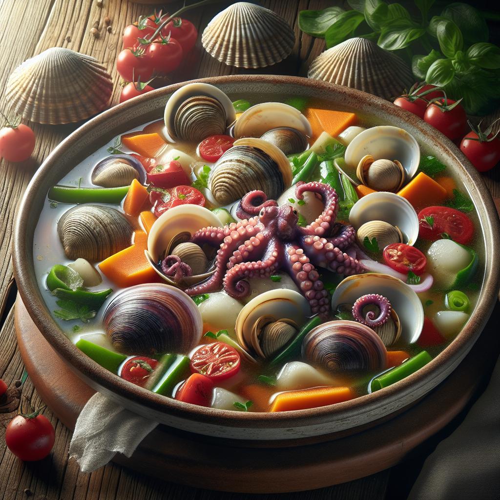 Sopa de verduras estivales, almejas veraces y pulpo
