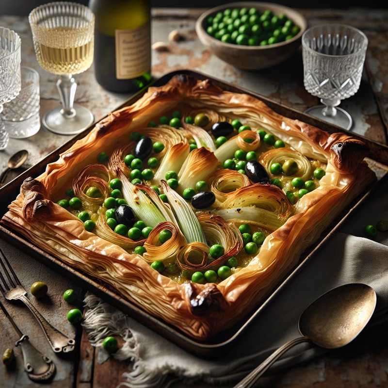 Phyllo Pastry Pie with Leeks, Olives, and Peas