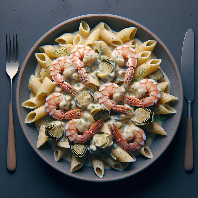 Mezze maniche with artichoke cream and scampi