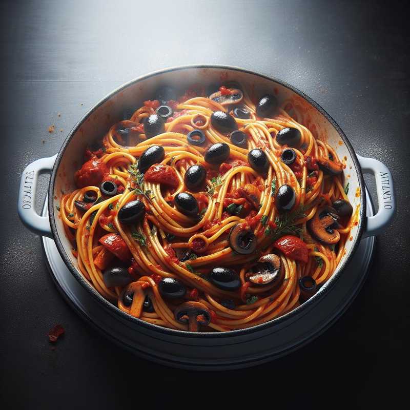 Spicy Spaghetti with Mushrooms and Black Olives