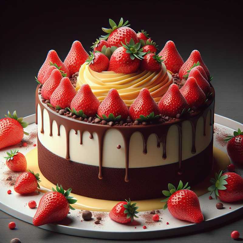 Cocoa, Custard, and Strawberry Cake