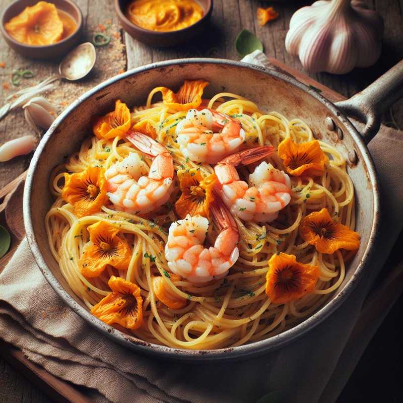 Spaghetti con gamberi e crema di fiori di zucca