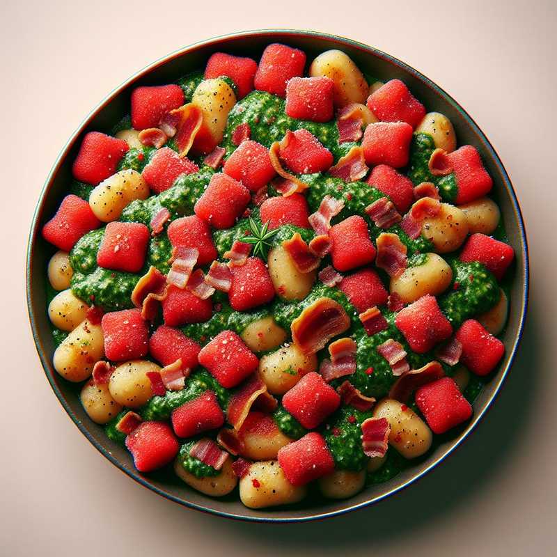 Red Gnocchi with Marjoram Pesto and Bacon