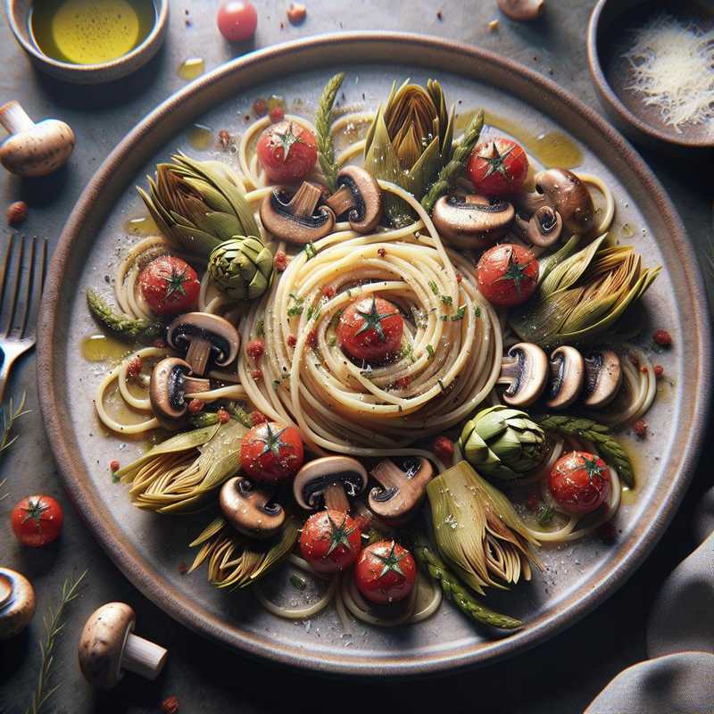 Spaghetti con funghi, carciofi e pomodorini