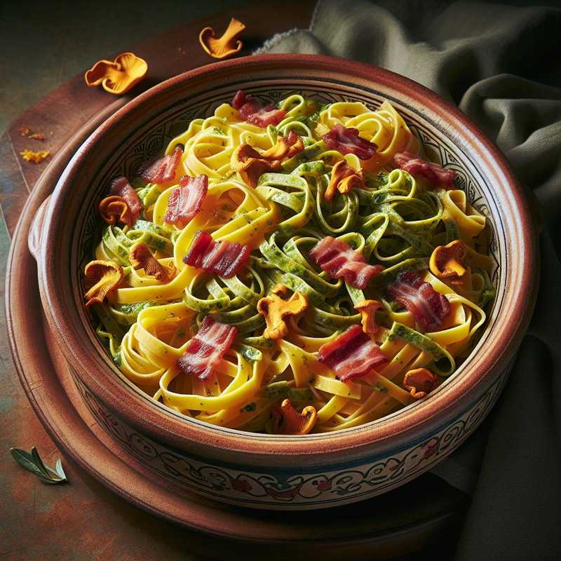 Hay and straw tagliatelle with chanterelle and speck ragù