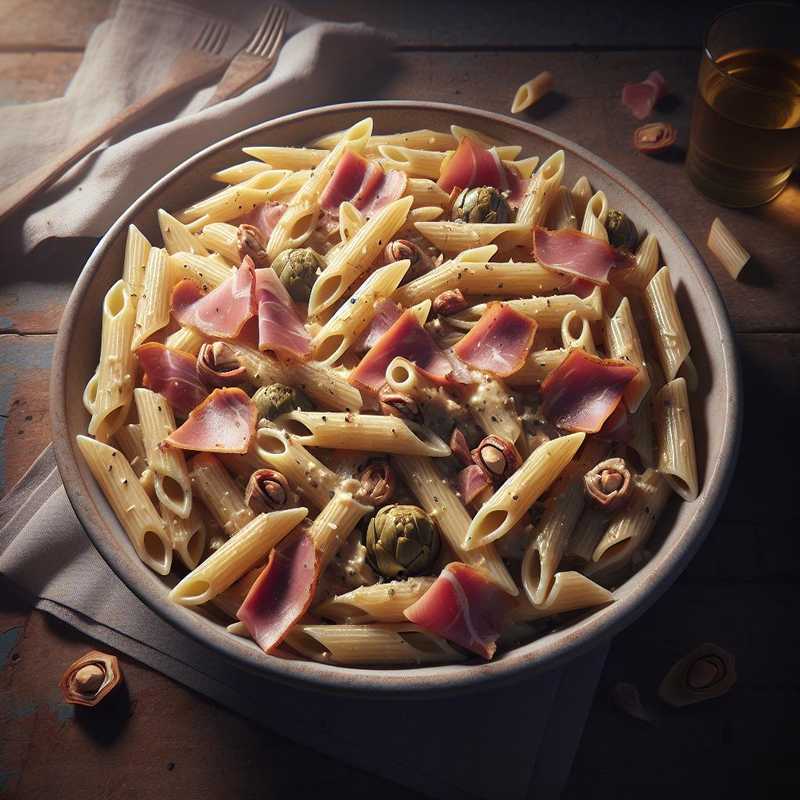Penne with Walnut Cream, Baby Artichokes, and Speck