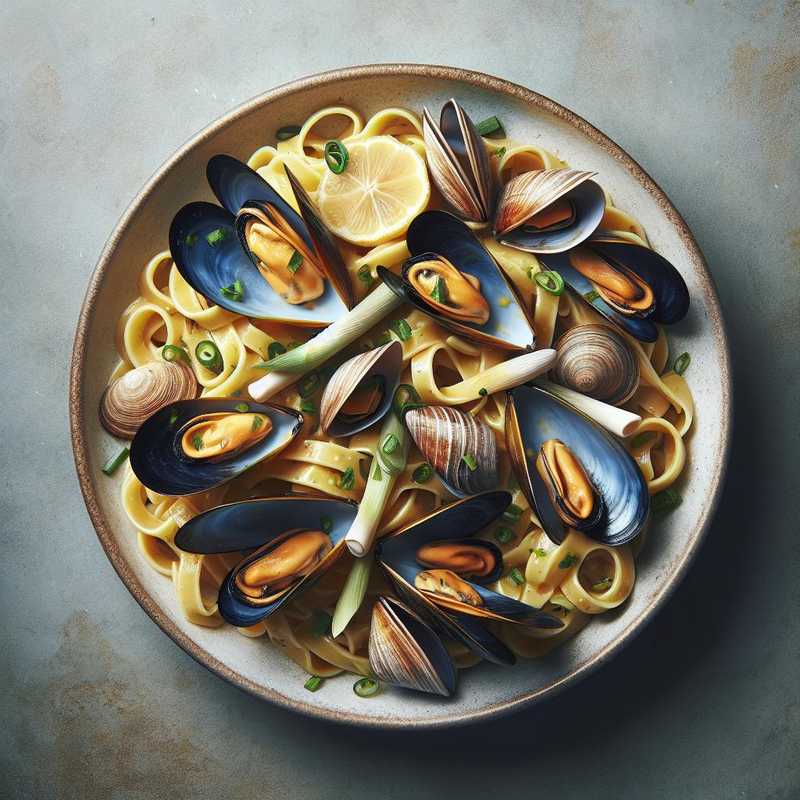 Mezze maniche with mussels and clams in lemongrass