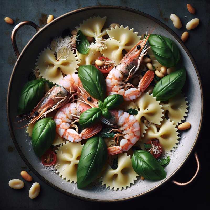 Farfalle with shrimp, basil, and pine nuts