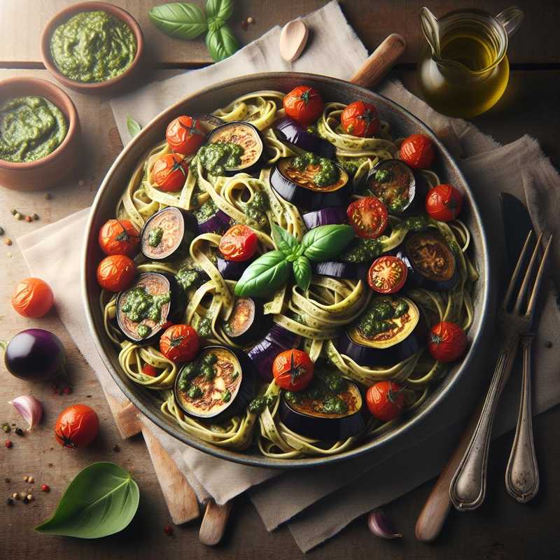 Tagliatelle with Eggplant, Pesto, and Cherry Tomatoes