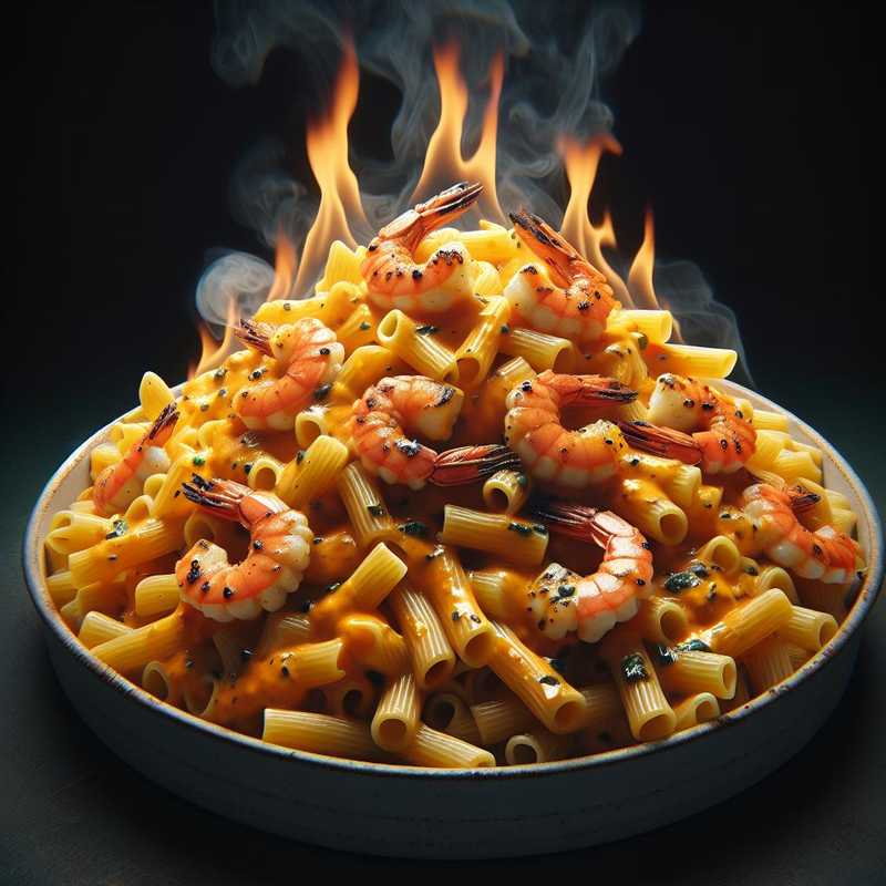 Maccheroni with Pumpkin Cream and Shrimp Flambé