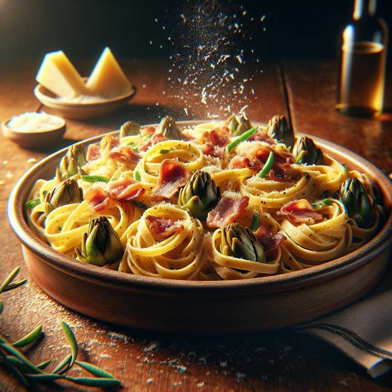 Tagliatelle paglia e fieno with artichokes and bacon