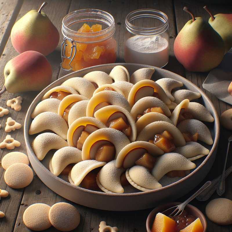 Sweet half-moons with pears, peach jam, and amaretti