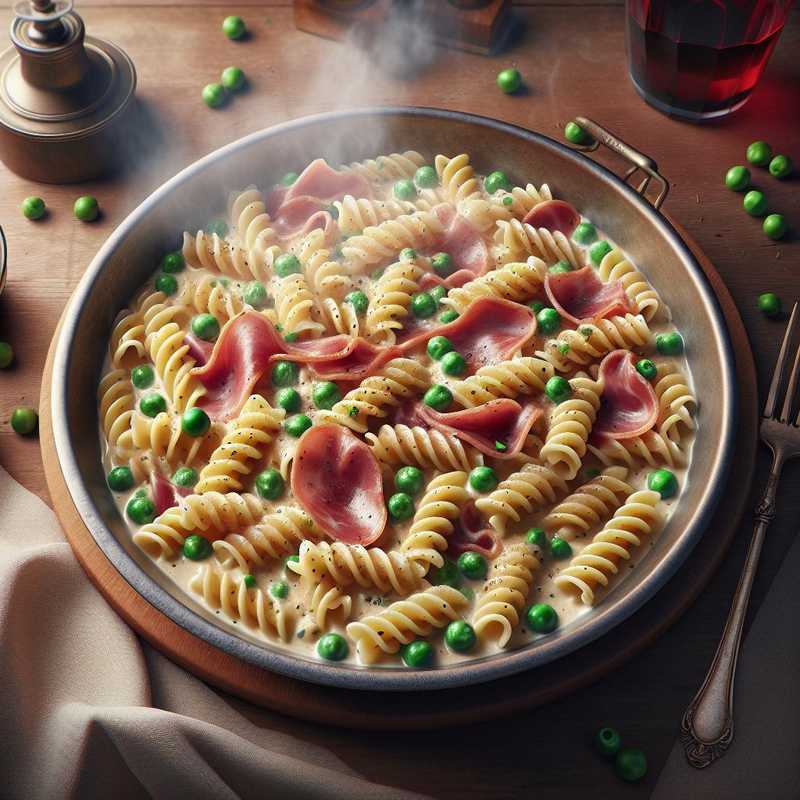 Fusilli with cream, ham, and peas