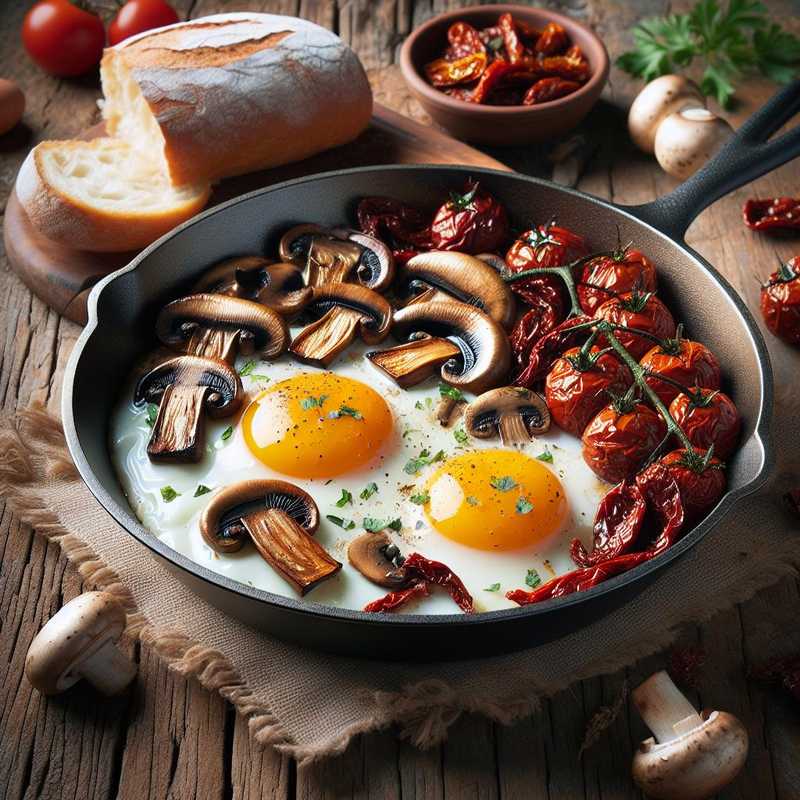 Sunny-side up eggs with mushrooms and sun-dried tomatoes