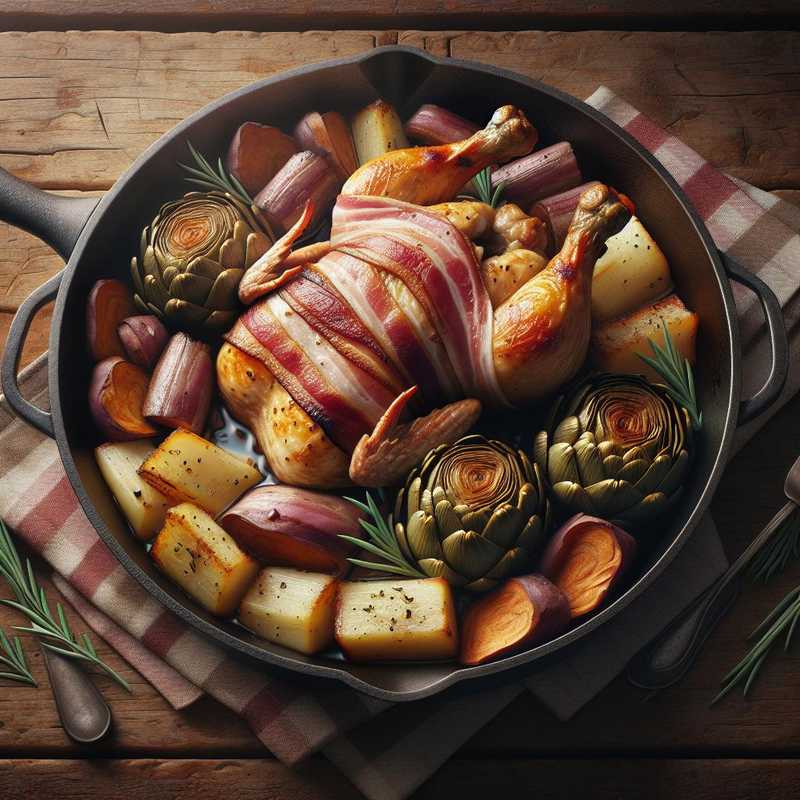 Pollo bardato con carciofi e patate dolci