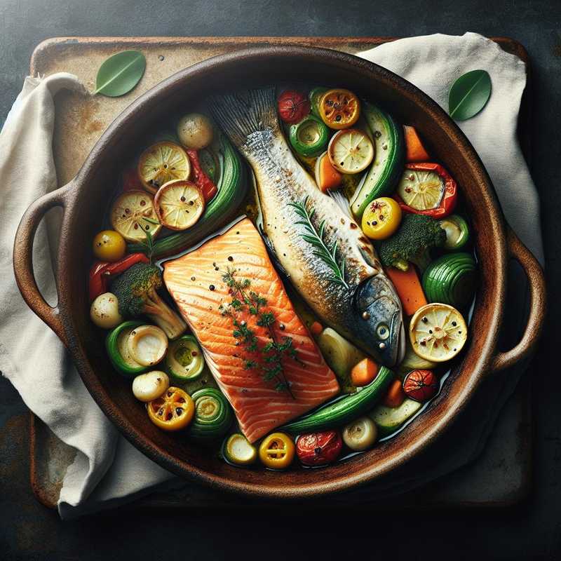 Salmon, Monkfish, and Baked Vegetables
