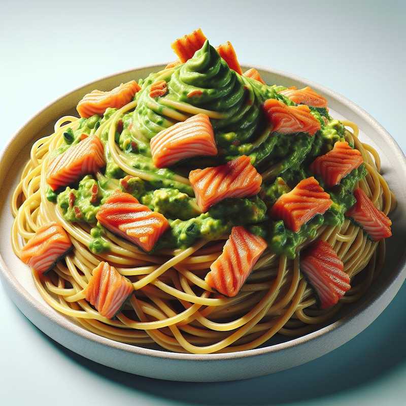 Spaghetti with Guacamole and Crispy Salmon