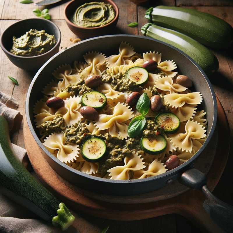 Butterfly Pasta with pesto, olive paté, and zucchini