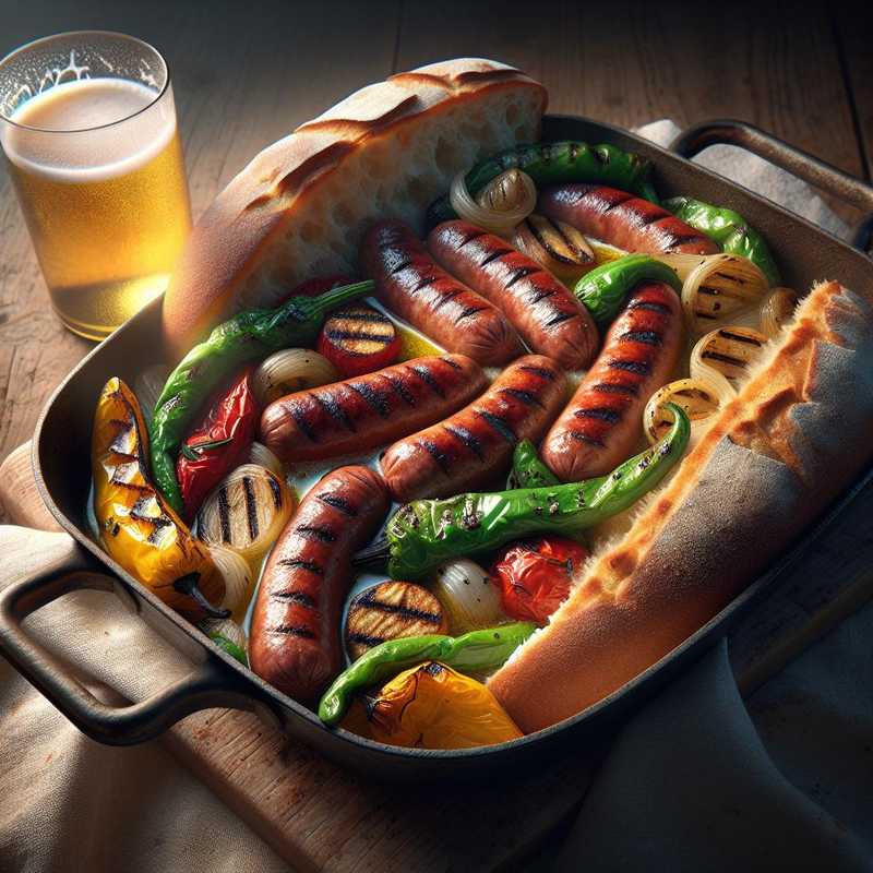 Ciabatta with beer sausages and grilled vegetables
