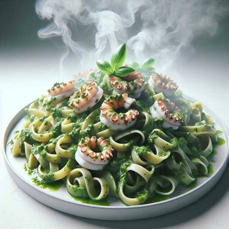 Pasta with lettuce pesto and squid