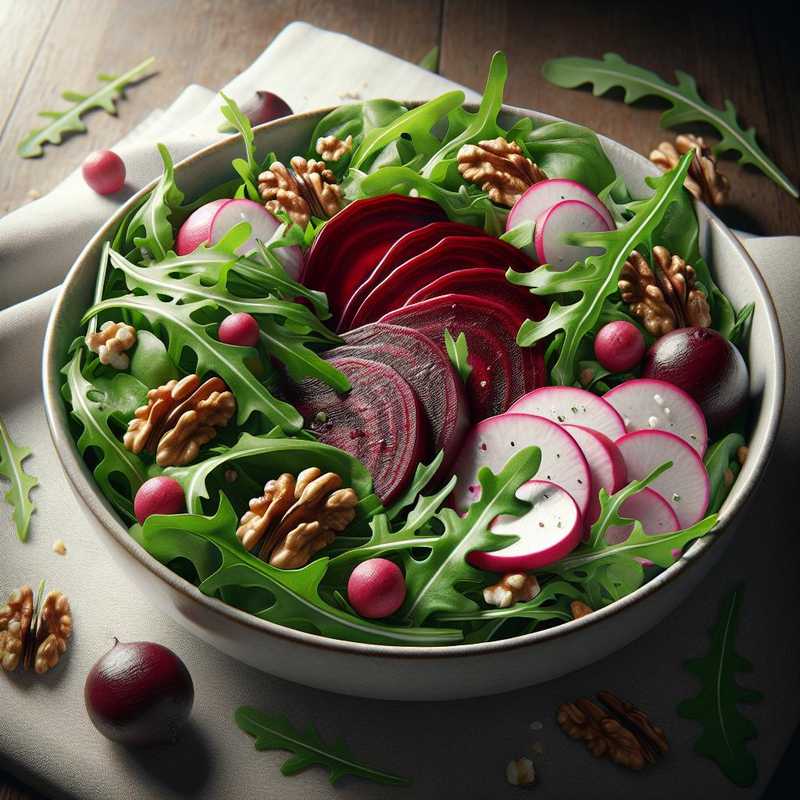Arugula salad cups with beets, walnuts, and radishes
