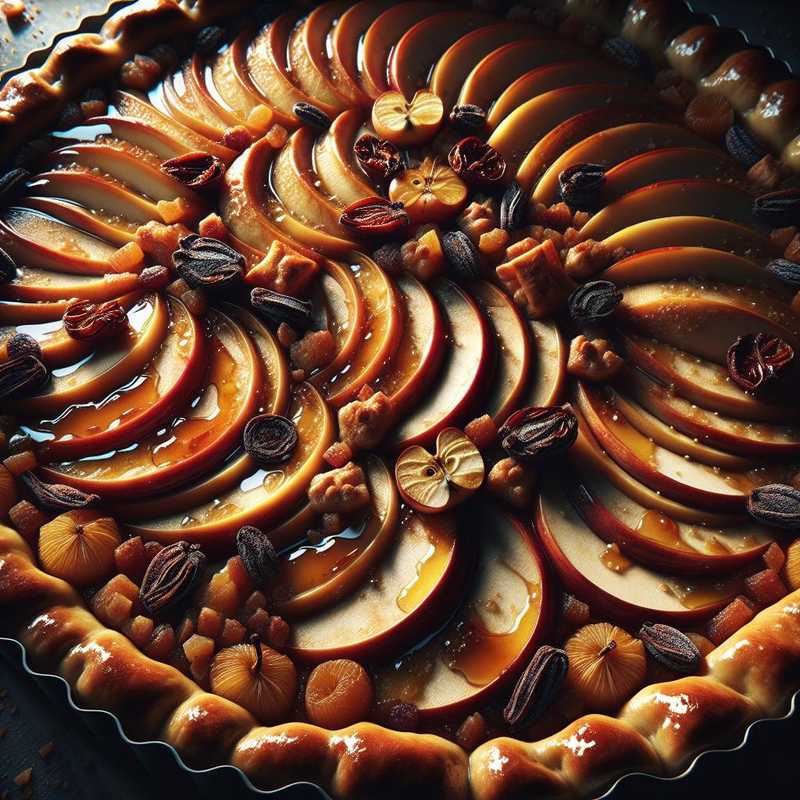 Tart covered with apple, dried fruit, and bread