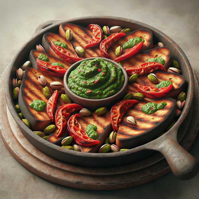 Crostone with Roasted Peppers and Pistachio Pesto