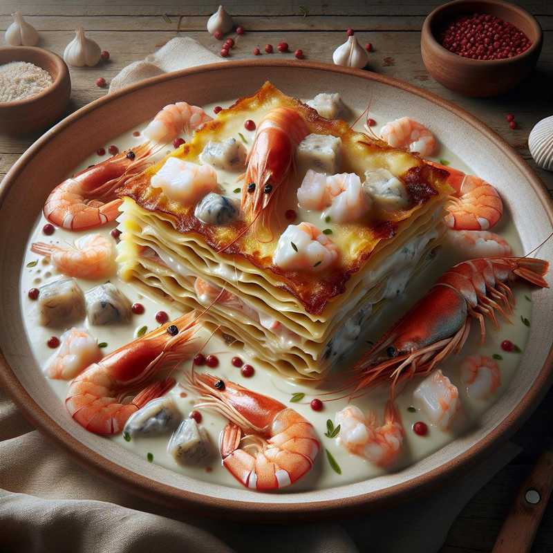 Lasagna with cod, shrimp, and mullet
