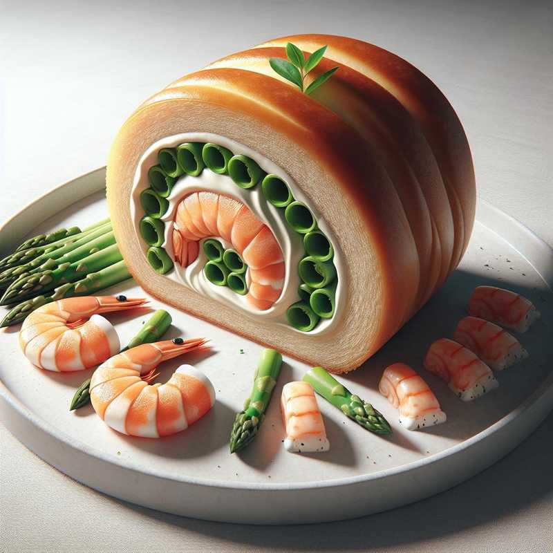 Savory Log with Salmon Mousse, Asparagus, and Prawns