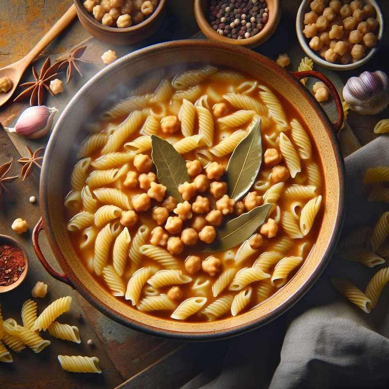Pasta in chickpea soup with bay leaves and red garlic